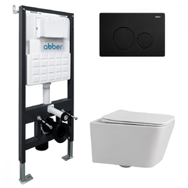 Комплект подвесного унитаза с инсталляцией Abber Rechteck AC1201-AC0105-AC0121MB безободковый, крышка с микролифтом, белый, кнопка черная