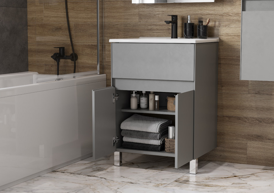 Мебель для ванной Акватон Форест 60 см с дверцами и ящиком, туманный серый, цвет хром 1A278201FR4D0 - фото 2