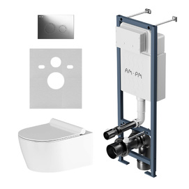 Комплект с инсталляцией и подвесным унитазом Am.Pm Jupiter IS110151.DX77C1700 безободковый, с крышкой микролифт, белый, кнопка хром