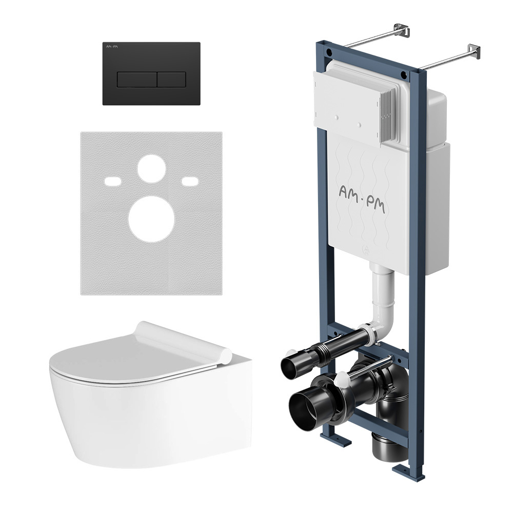 Комплект с инсталляцией и подвесным унитазом AmPm Jupiter IS110338DX77C1700 безободковый с крышкой микролифт белый кнопка черная 64390₽