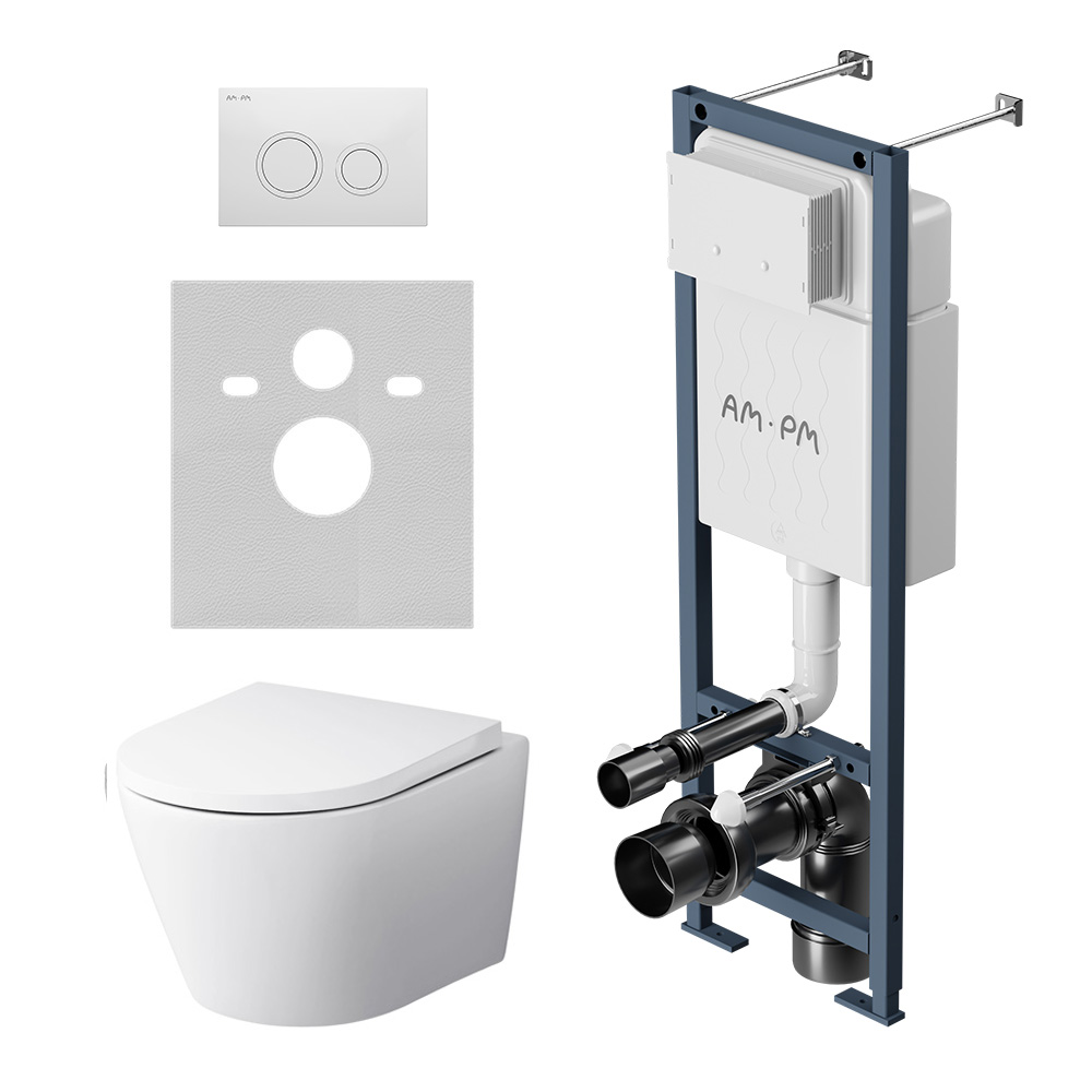 Комплект с инсталляцией и подвесным унитазом AmPm Sense IS110101741701 безободковый с крышкой микролифт белый кнопка белая 34990₽