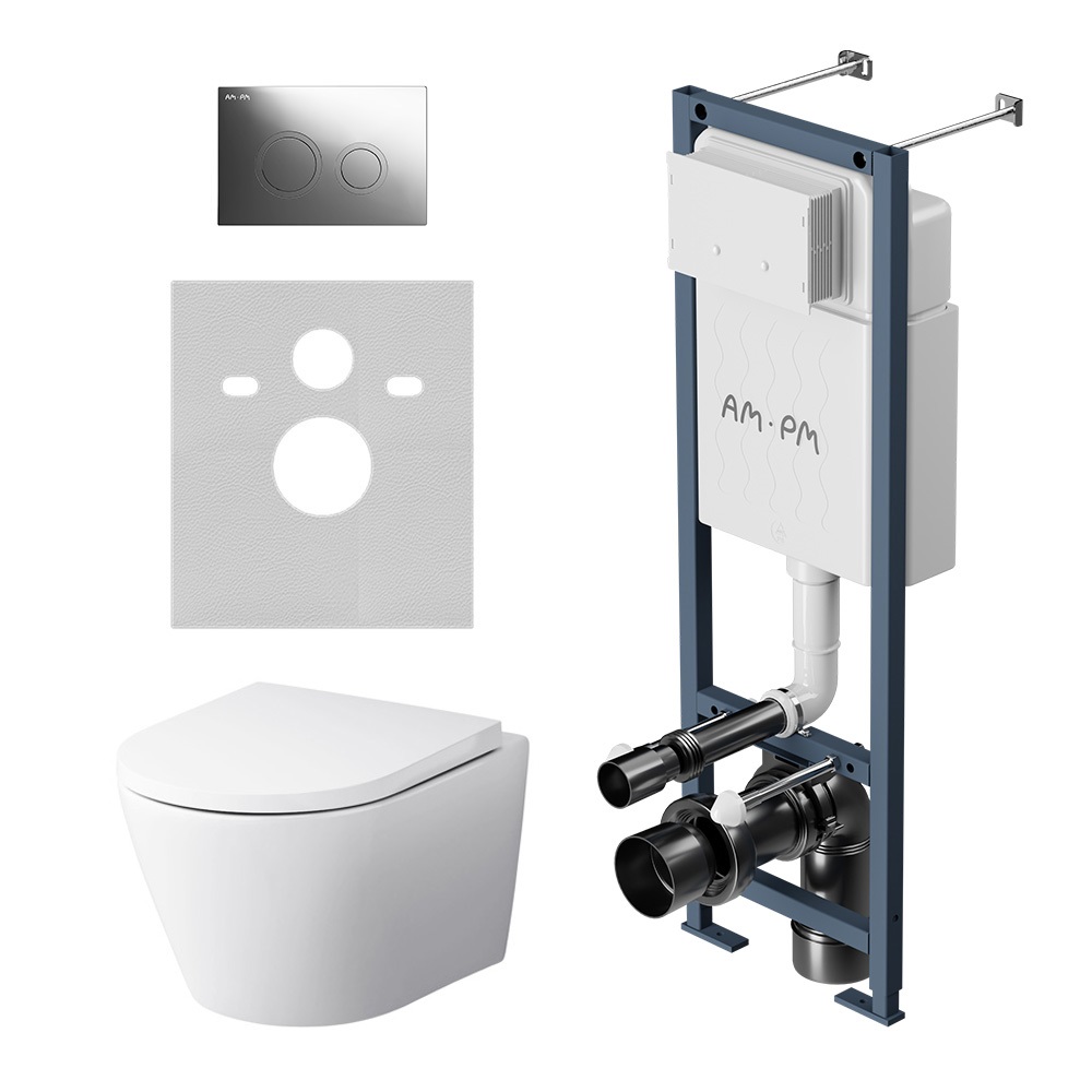 Комплект с инсталляцией и подвесным унитазом AmPm Sense IS110151741701 безободковый с крышкой микролифт белый кнопка хром 34990₽