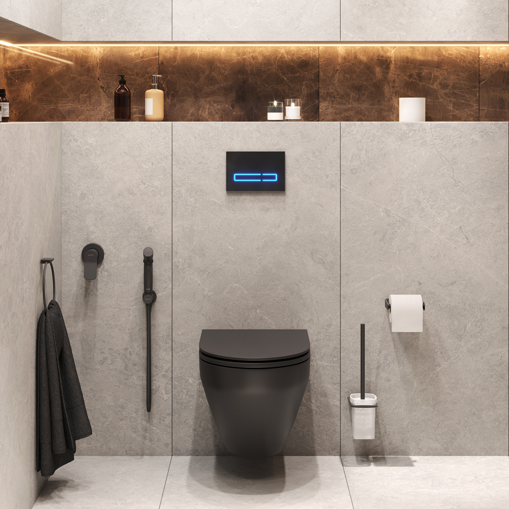 Комплект с инсталляцией унитазом и аксессуарами AmPm Spirit V20 CK70GH безободковый с крышкой микролифт черный кнопка черная 172590₽