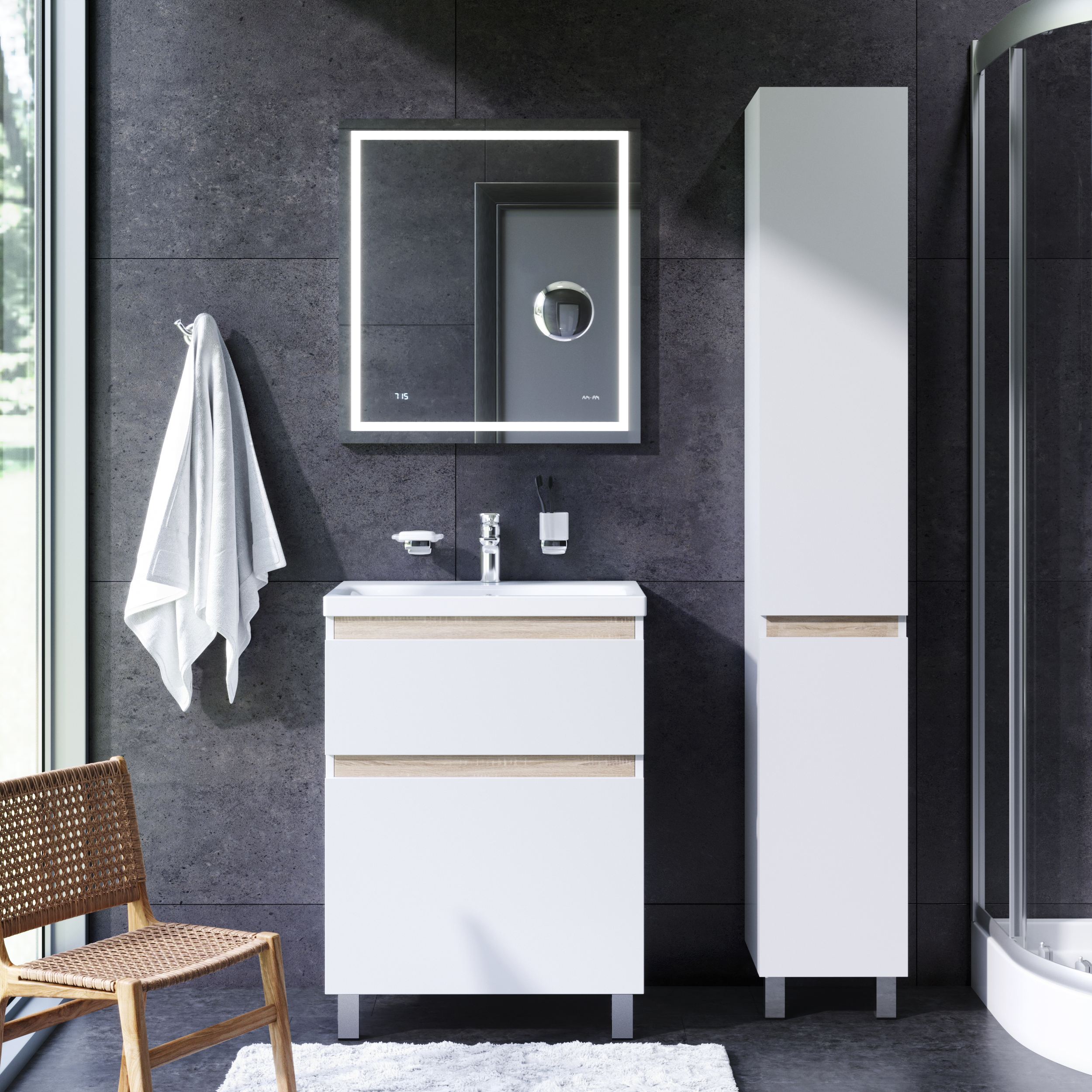 Мебель для ванной Am.Pm X-Joy 65 см напольная, 2 ящика белый глянец, цвет хром M85AFSX0652WG - фото 1