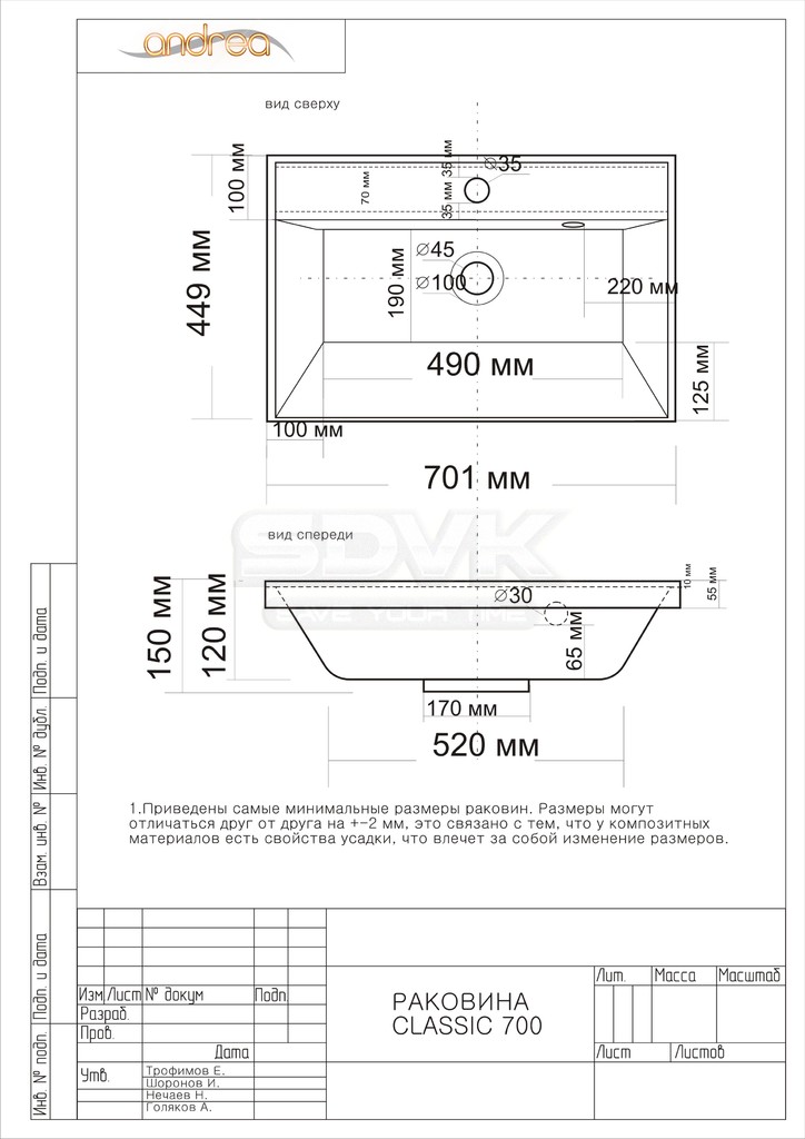 Раковина Andrea Classic 700 купить в интернет-магазине в Санкт-Петербурге