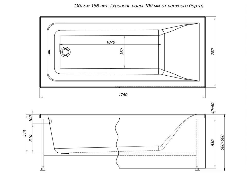 Ванна акриловая Aquanet Bright 175x75, размер 175x75, цвет белый 216295 - фото 5