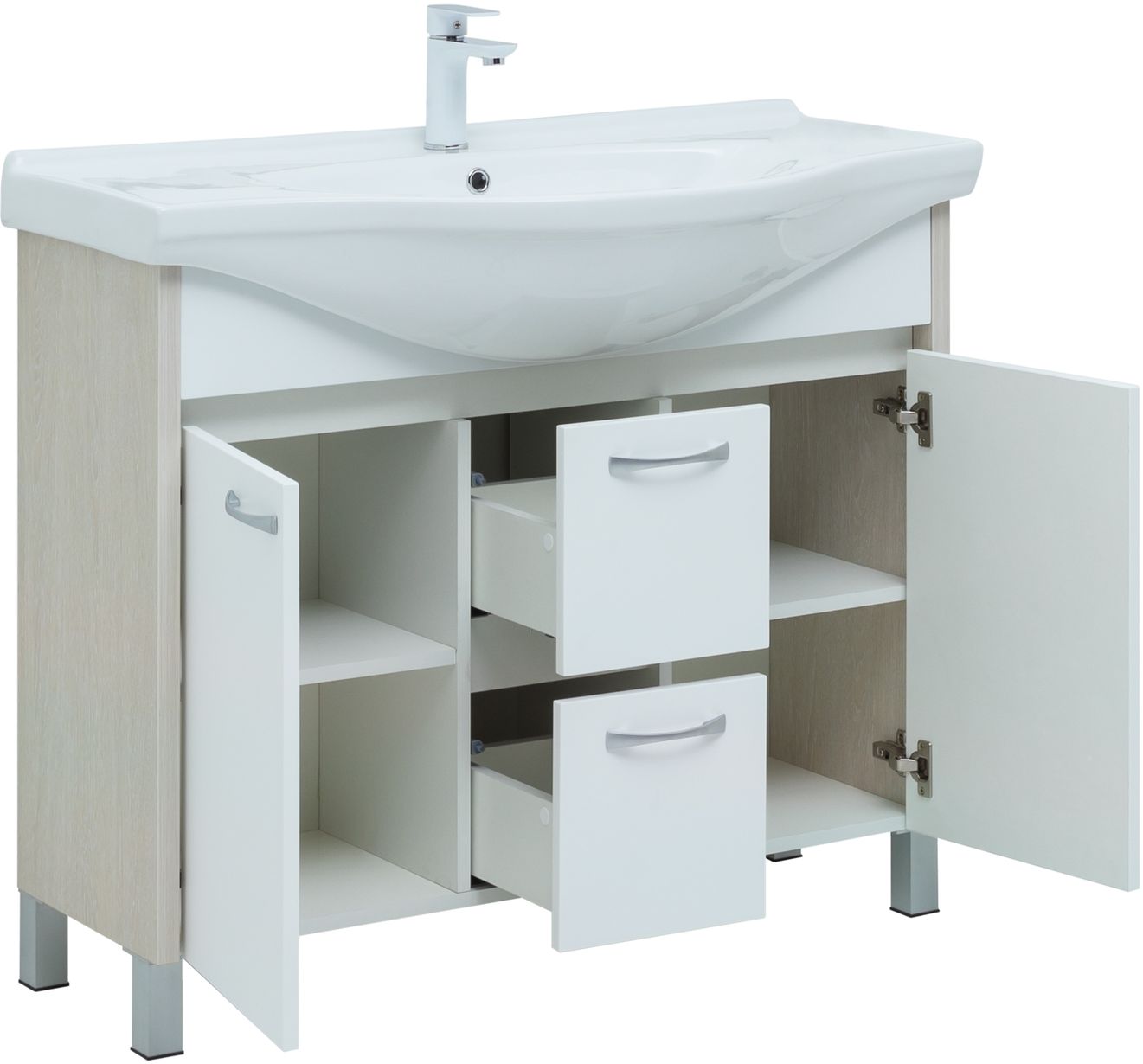 Мебель для ванной Aquanet Донна 102 см напольная 2 ящика и 2 дверцы, дуб, белый, цвет хром 274164 - фото 2