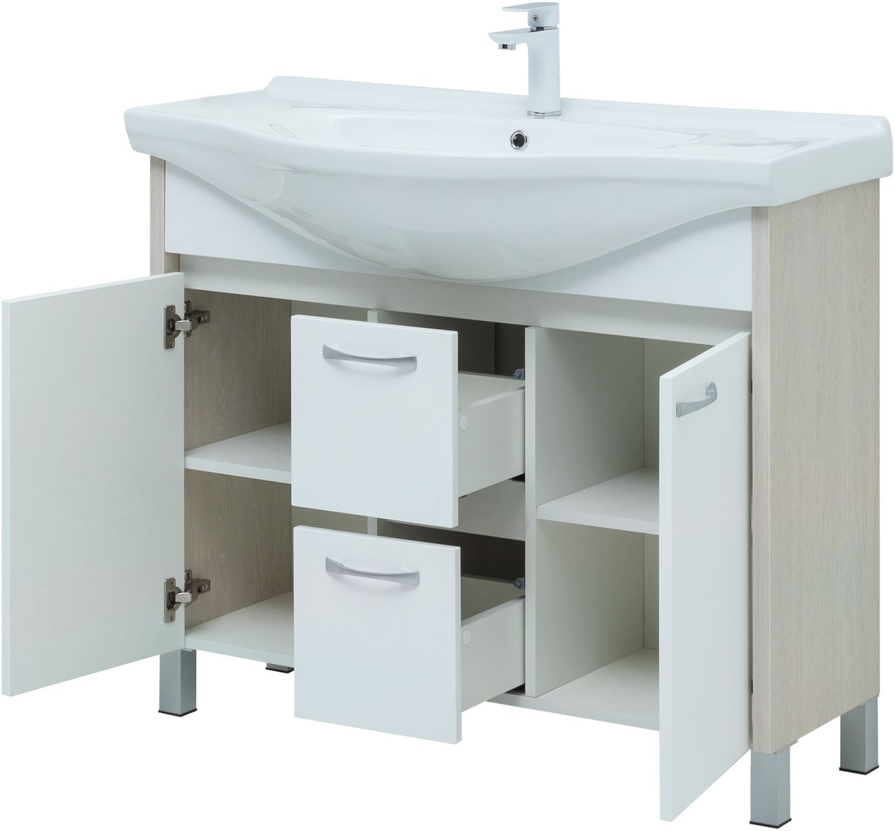 Мебель для ванной Aquanet Донна 102 см напольная 2 ящика и 2 дверцы, дуб, белый, цвет хром 274164 - фото 4