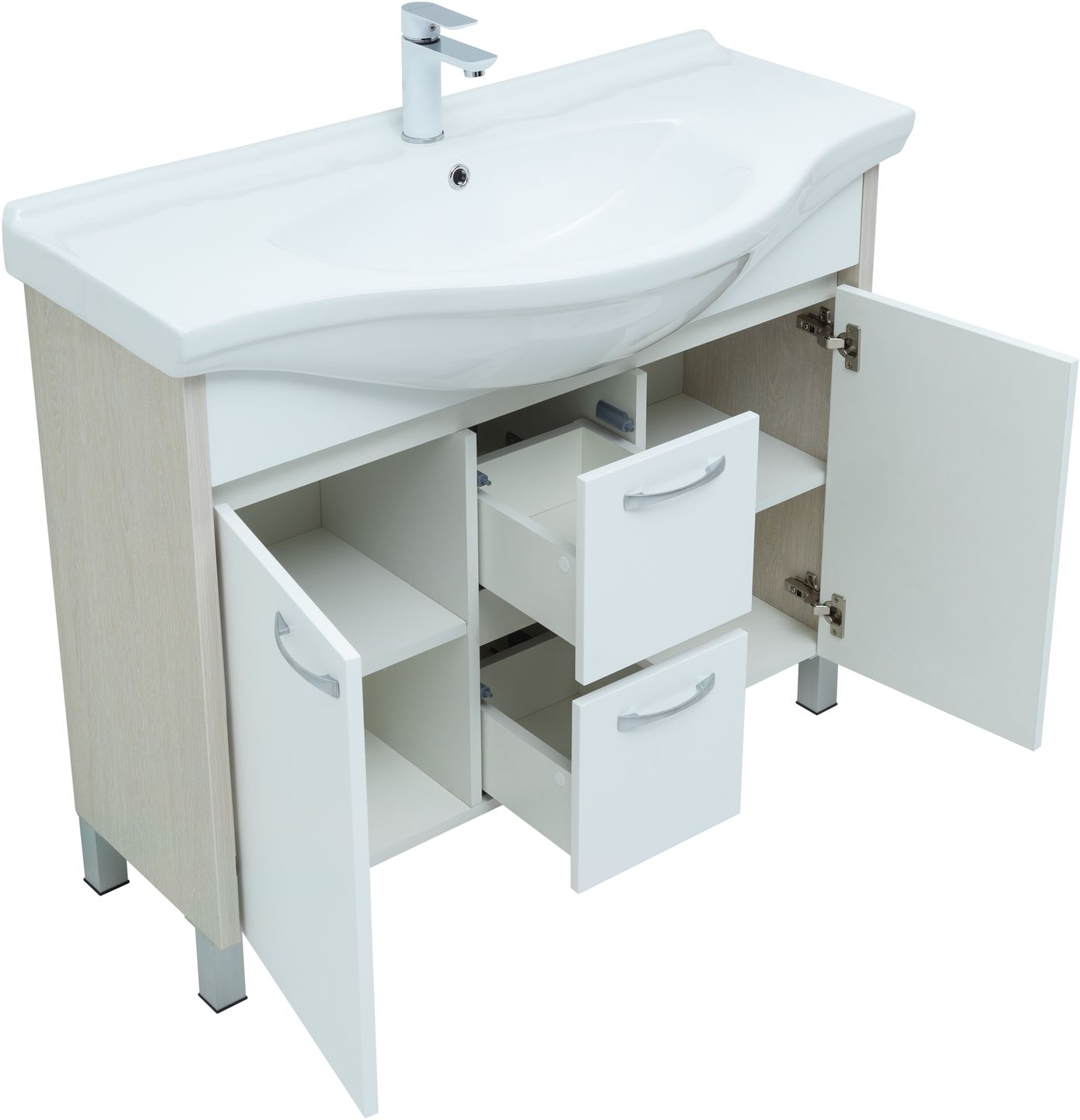 Мебель для ванной Aquanet Донна 102 см напольная 2 ящика и 2 дверцы, дуб, белый, цвет хром 274164 - фото 5