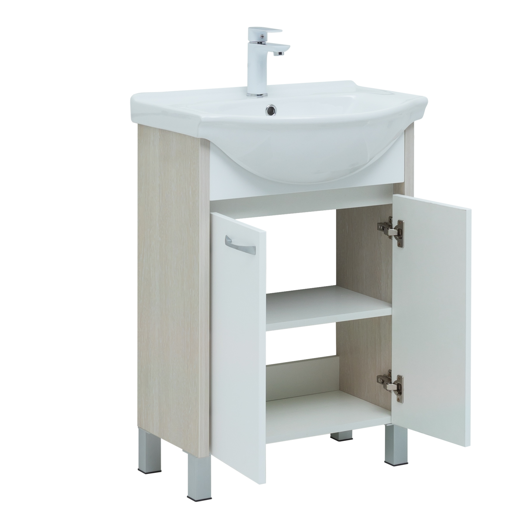 Мебель для ванной Aquanet Донна 61 см напольная 2 дверцы дуб, белый, цвет хром 273996 - фото 4