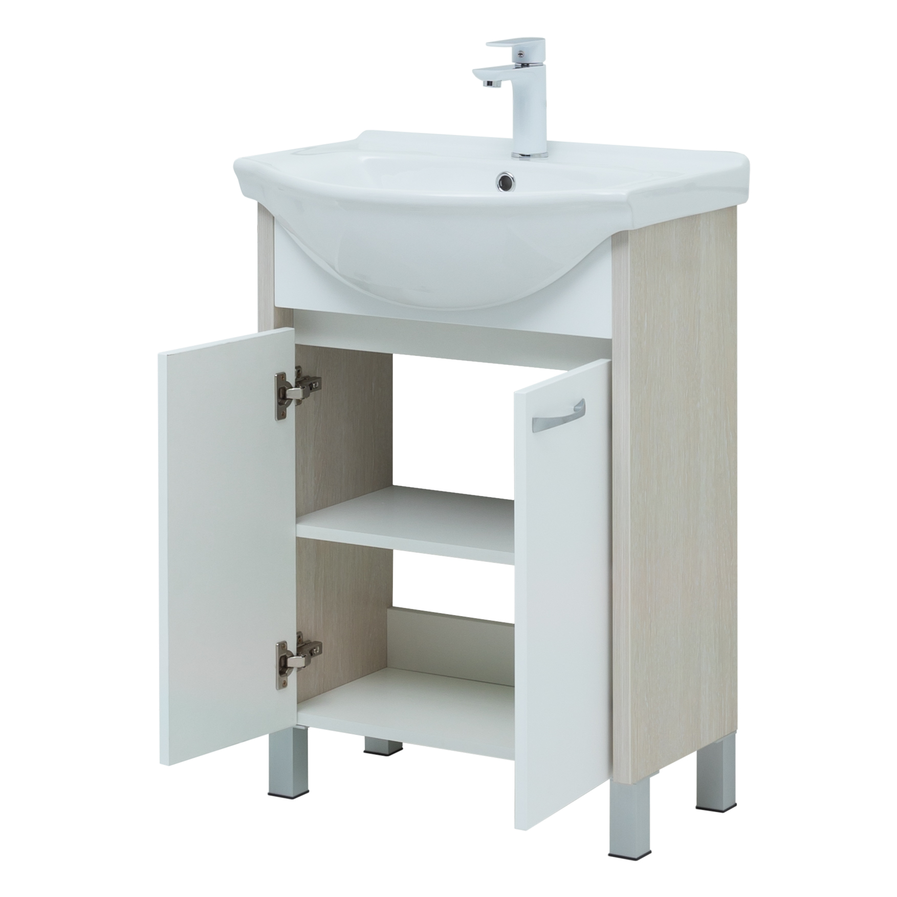 Мебель для ванной Aquanet Донна 61 см напольная 2 дверцы дуб, белый, цвет хром 273996 - фото 7