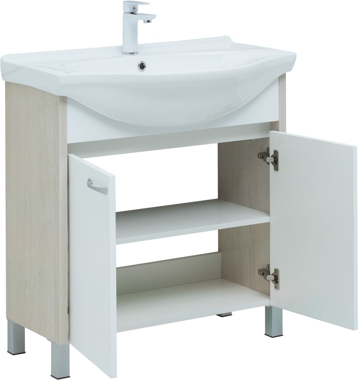 Мебель для ванной Aquanet Донна 81 см напольная 2 дверцы дуб, белый, цвет хром 274170 - фото 2