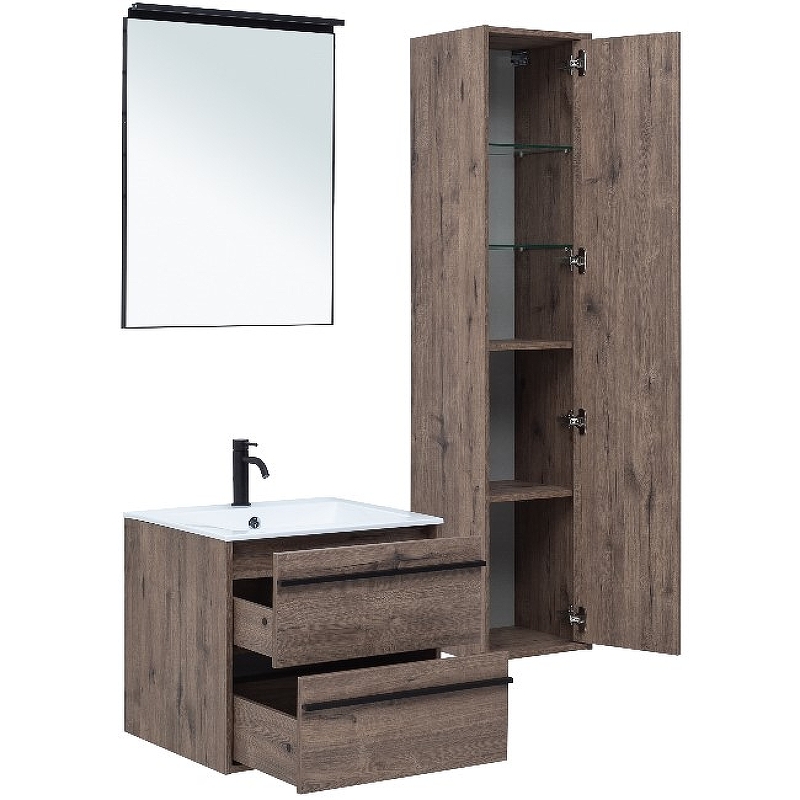 Мебель для ванной Aquanet Lino 60 см подвесная 2 ящика, дуб веллингтон, цвет коричневый 253910 - фото 5