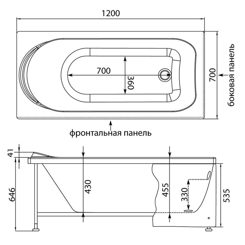 Акриловая ванна Aquanet West 120x70, размер 120x70, цвет белый 204050 - фото 3