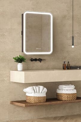 Зеркальный шкаф с подсветкой Art&Max PLATINO 60x80 AM-Pla-600-800-1D-L-DS-FC-H-T-Grey антизапотевание, часы, левый