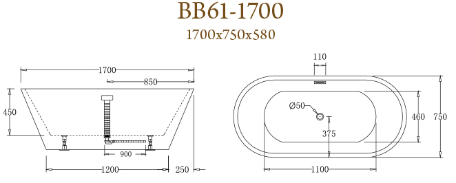 Акриловая ванна BelBagno BB61-1700-W0 170x80, размер 170x80, цвет белый - фото 2