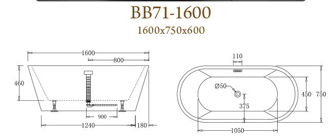 Акриловая ванна BelBagno BB71-1600 160x75 белая, размер 160x75, цвет белый - фото 2