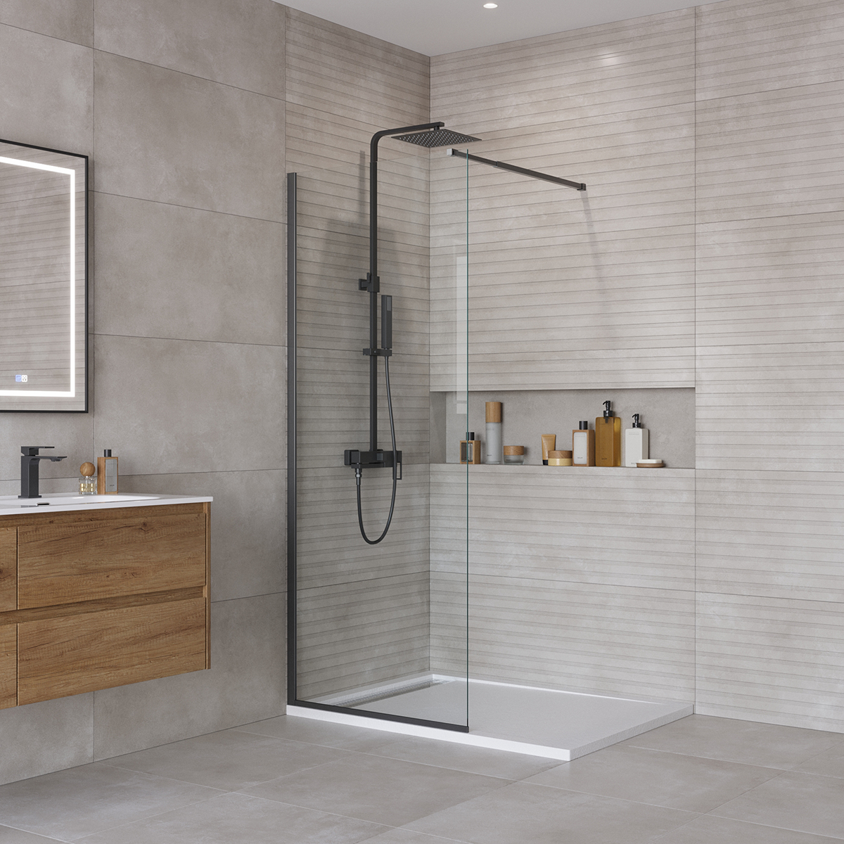 Душевая перегородка BelBagno Kraft Walk In 80х195 KRAFT-L-1-80-C-NERO стекло прозрачное профиль черный 14540₽