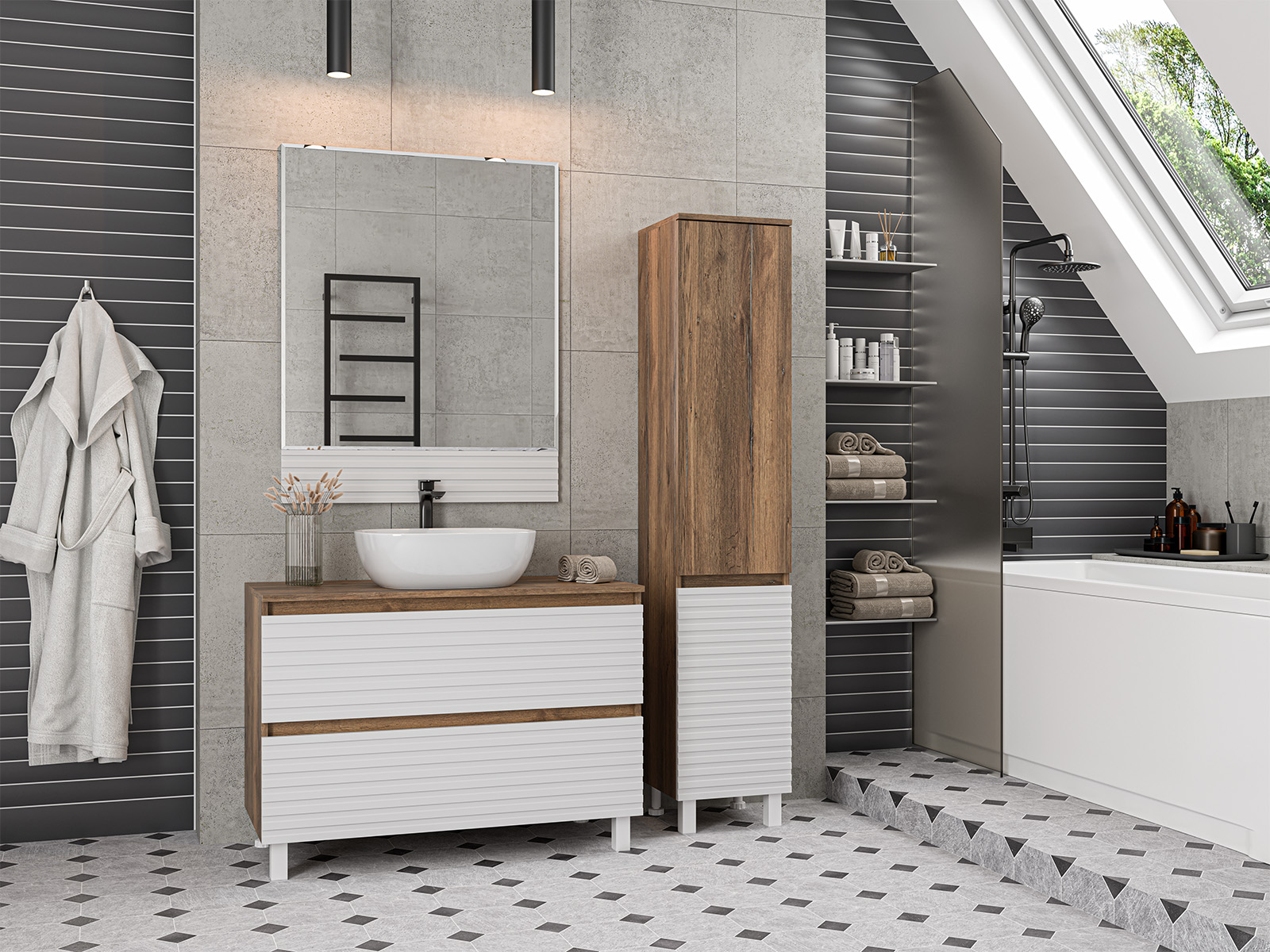 Мебель для ванной комнаты Brevita Dakota 100 см напольная, белая, темное дерево