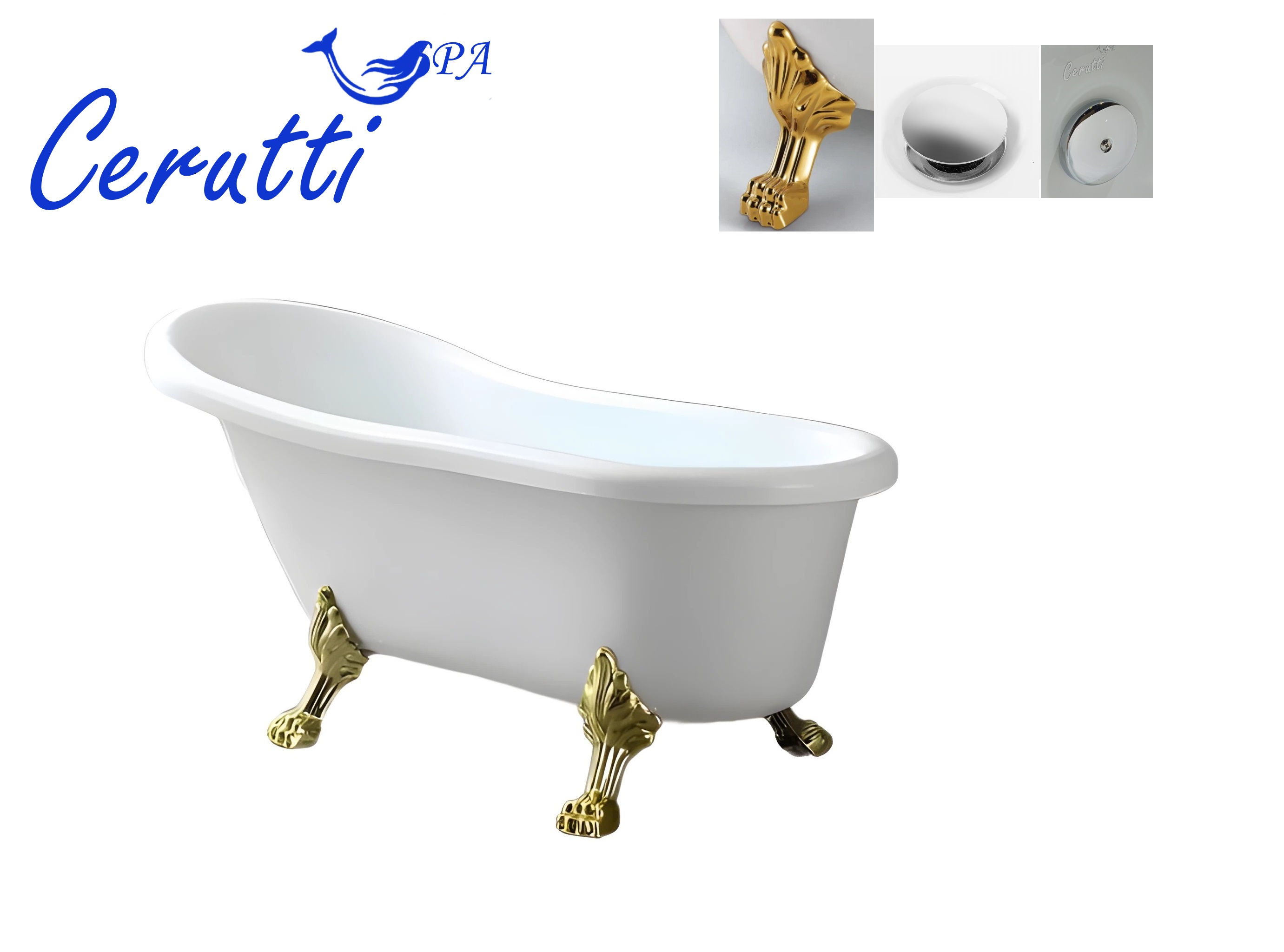 Ванна акриловая Cerutti SPA CLASSIC 150G акриловая отдельностоящая Ceruttispa (1570x770x740) на львиных лапах (золото), размер 157х77, цвет белый - фото 4