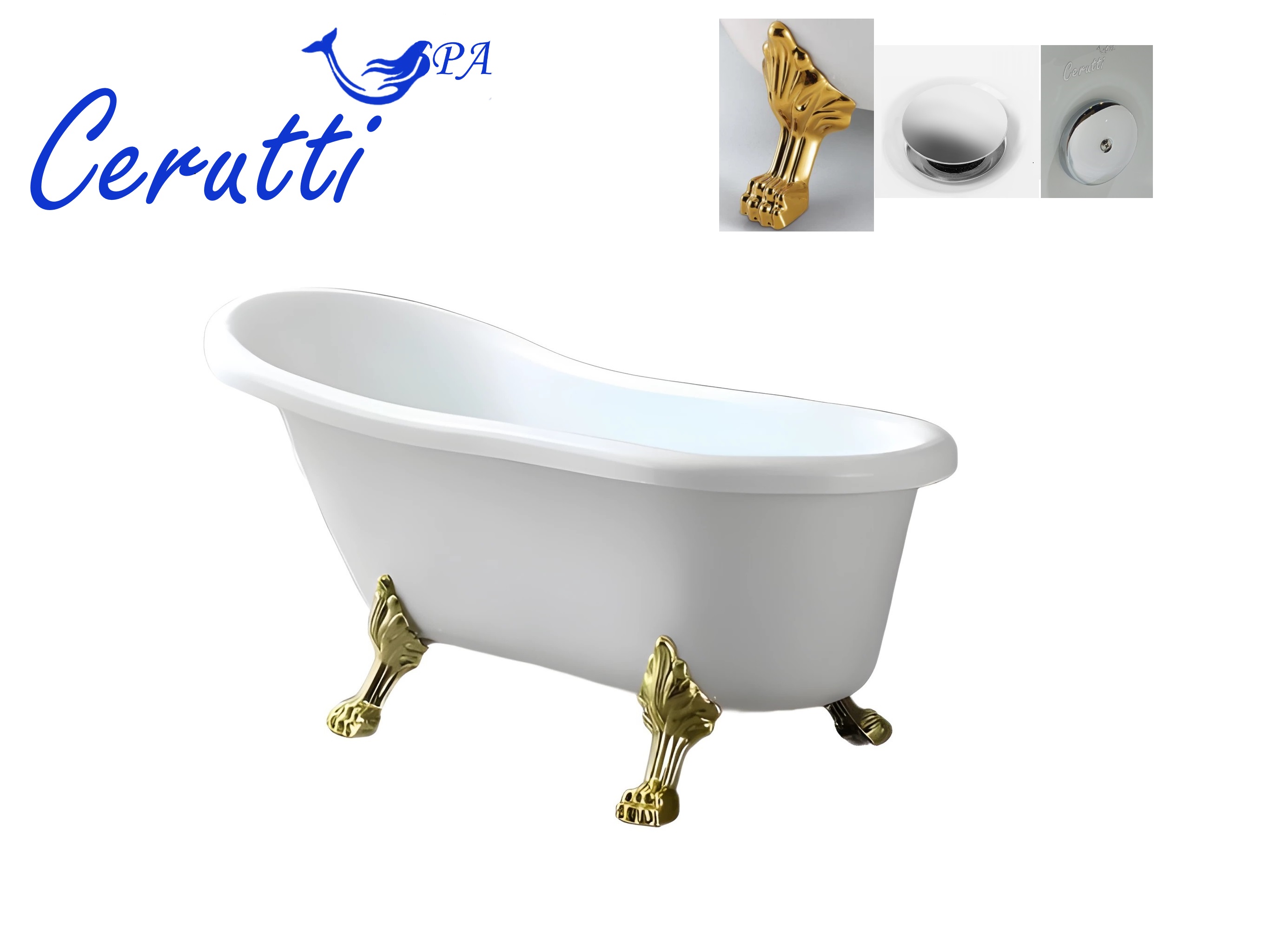 Ванна акриловая Cerutti SPA CLASSIC 170G 172х79 CT9668 отдельностоящая, белая, на львиных лапах (золото), размер 172х79, цвет белый - фото 4