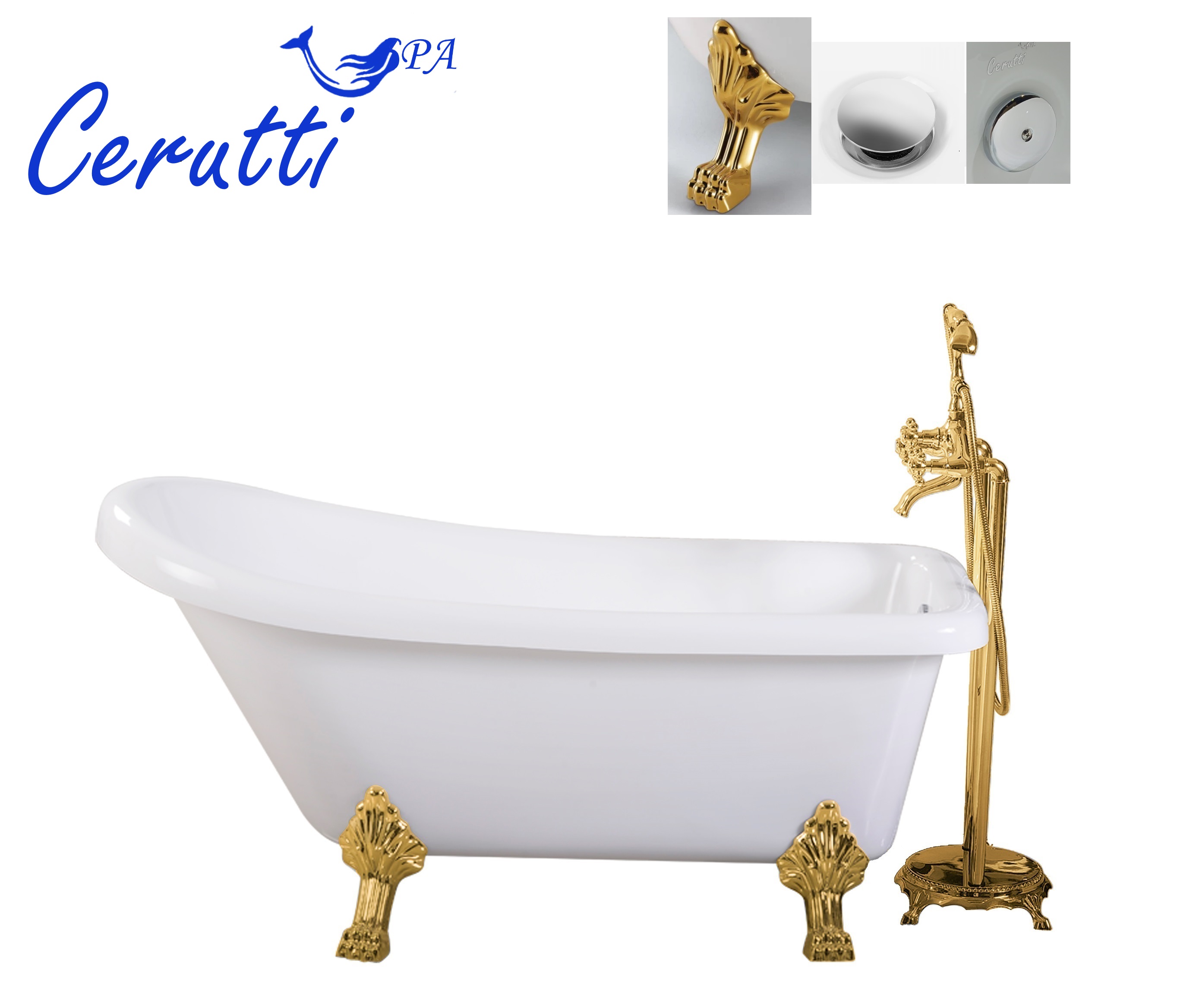 Ванна акриловая Cerutti SPA VITO 170G 170х74 CT9670 отдельностоящая, белая, на львиных лапах (золото), размер 170х74, цвет белый - фото 2