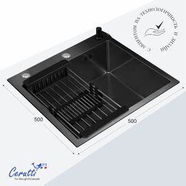 Фото Кухонная мойка Ceruttispa GLORIA 50B nano black из нержавеющей стали, 500х500х220, графит
