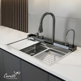 Фото Многофункциональная кухонная мойка Ceruttispa GLORIA Nano Embos из нержавеющей стали, 750х460х230, матовый хром