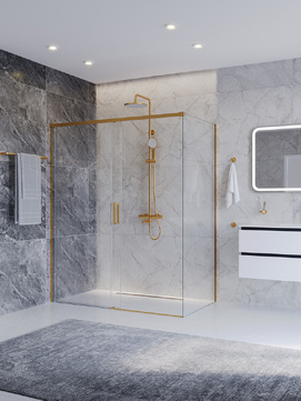 Фото Душевой уголок Cezares PLANE 150x90 PLANE-AH-1-150/90-C-BORO стекло прозрачное, профиль  брашированное золото