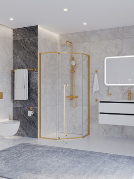 Фото Душевой уголок Cezares PLANE 90x90 PLANE-P-1-90-C-BORO стекло прозрачное, профиль брашированное золото