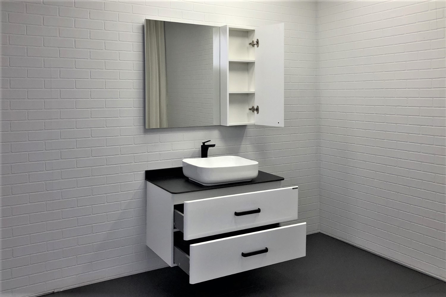 Мебель для ванной Comforty Амстердам 00-00005494 95 см, подвесная, белая с черной матовой столешницей, цвет белый - фото 2
