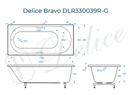 Фото Ванна из литьевого мрамора Delice Bravo 190x90 DLR330039R-G белая глянцевая с ручками хром