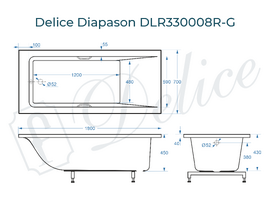 Фото Ванна из литьевого мрамора Delice Diapason 180x70 DLR330008R-G белая глянцевая с ручками хром