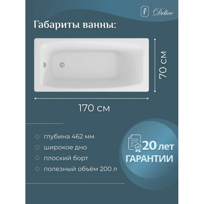 Ванна чугунная Delice Repos 170x70 DLR220508RB-AS с черными матовыми  ручками, размер 170x70, цвет белый - фото 4