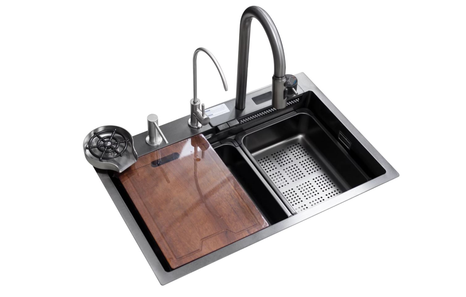Многофункциональная кухонная мойка Esbano GEYSERUS-2 68 см оружейная сталь со смесителем разделочной доской и колландером 22440₽