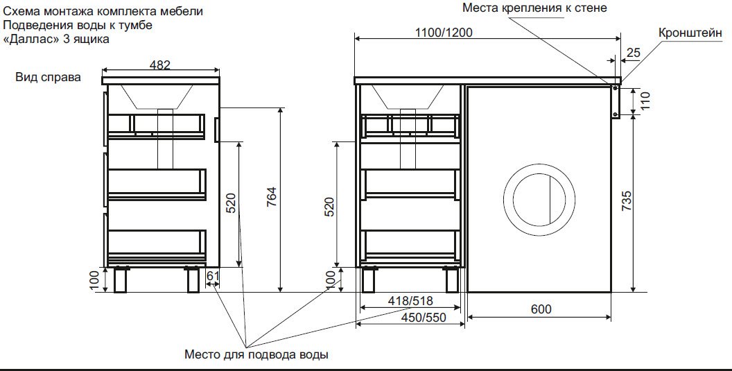 Тумба с раковиной Эстет Dallas Luxe 110х48 напольная 3 ящ. R под стиральную машину, цвет белый - фото 5