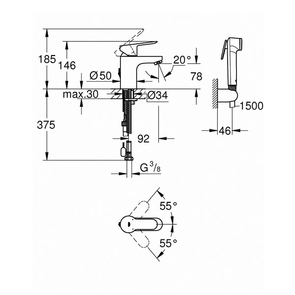 Смеситель для раковины Grohe BauEdge S-Size 23757000 с гигиеническим душем, цвет хром - фото 3