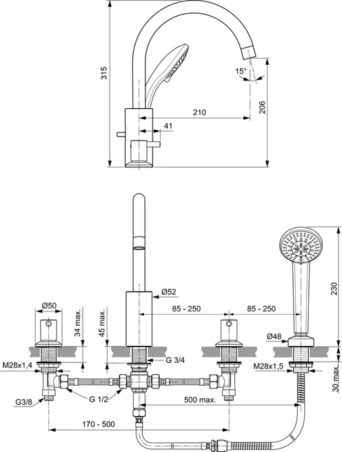 Смеситель для ванны или для душа Ideal Standard CERALINE BC198AA, цвет хром - фото 2