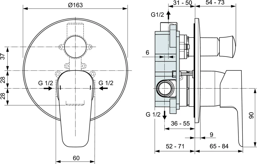 Смеситель для ванны или для душа Ideal Standard CERAPLAN III A6383AA скрытая часть в комплекте, цвет хром - фото 2