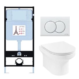 Комплект 3 в 1 Унитаз подвесной Jacob Delafon Elite E21743RU-00 безободковый+Инсталляция E36495-NF с кнопкой смыва глянцевый белый