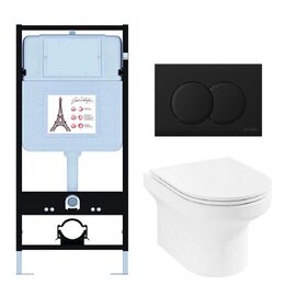 Комплект 3 в 1 Унитаз подвесной Jacob Delafon Elite E21743RU-BL безободковый+Инсталляция E36495-NF с кнопкой смыва матовый черный