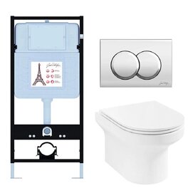 Комплект 3 в 1 Унитаз подвесной Jacob Delafon Elite E21743RU-CP безободковый+Инсталляция E36495-NF с кнопкой смыва хром