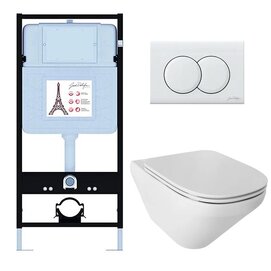 Комплект 3 в 1 Унитаз подвесной Jacob Delafon Modern Life E21775RU-00 безободковый+Инсталляция E36495-NF с кнопкой смыва глянцевый белый