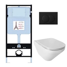 Комплект 3 в 1 Унитаз подвесной Jacob Delafon Modern Life E21775RU-BL безободковый+Инсталляция E36495-NF с кнопкой смыва матовый черный