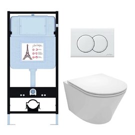 Комплект 3 в 1 Унитаз подвесной Jacob Delafon Rodin+ E21750RU-00 безободковый+Инсталляция E36495-NF с кнопкой смыва глянцевый белый