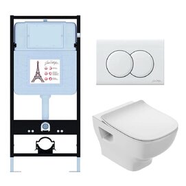 Комплект 3 в 1 Унитаз подвесной Jacob Delafon Struktura EDF103-00 безободковый+Инсталляция E36495-NF с кнопкой смыва глянцевый хром