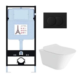 Комплект 3 в 1 Унитаз подвесной Jacob Delafon Vive E28079RU-BL безободковый с микролифтом+Инсталляция c кнопкой смыва матовый черный