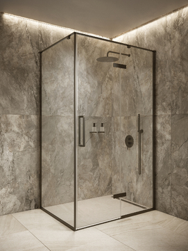 Душевой уголок Knotlor SHELL CRYSTAL 120х90 HDIP120CG0GM + SP090CG0GM стекло прозрачное, профиль вороненая сталь