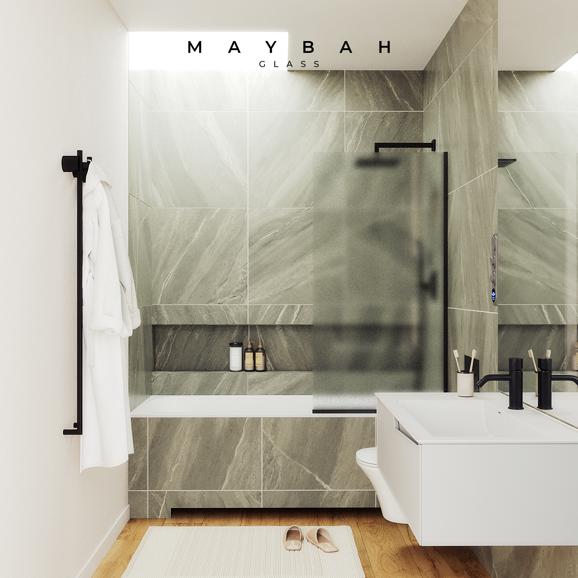 Шторка для ванны MaybahGlass 30х140 MGV-253-6у стекло сатин, профиль черный - фото 2