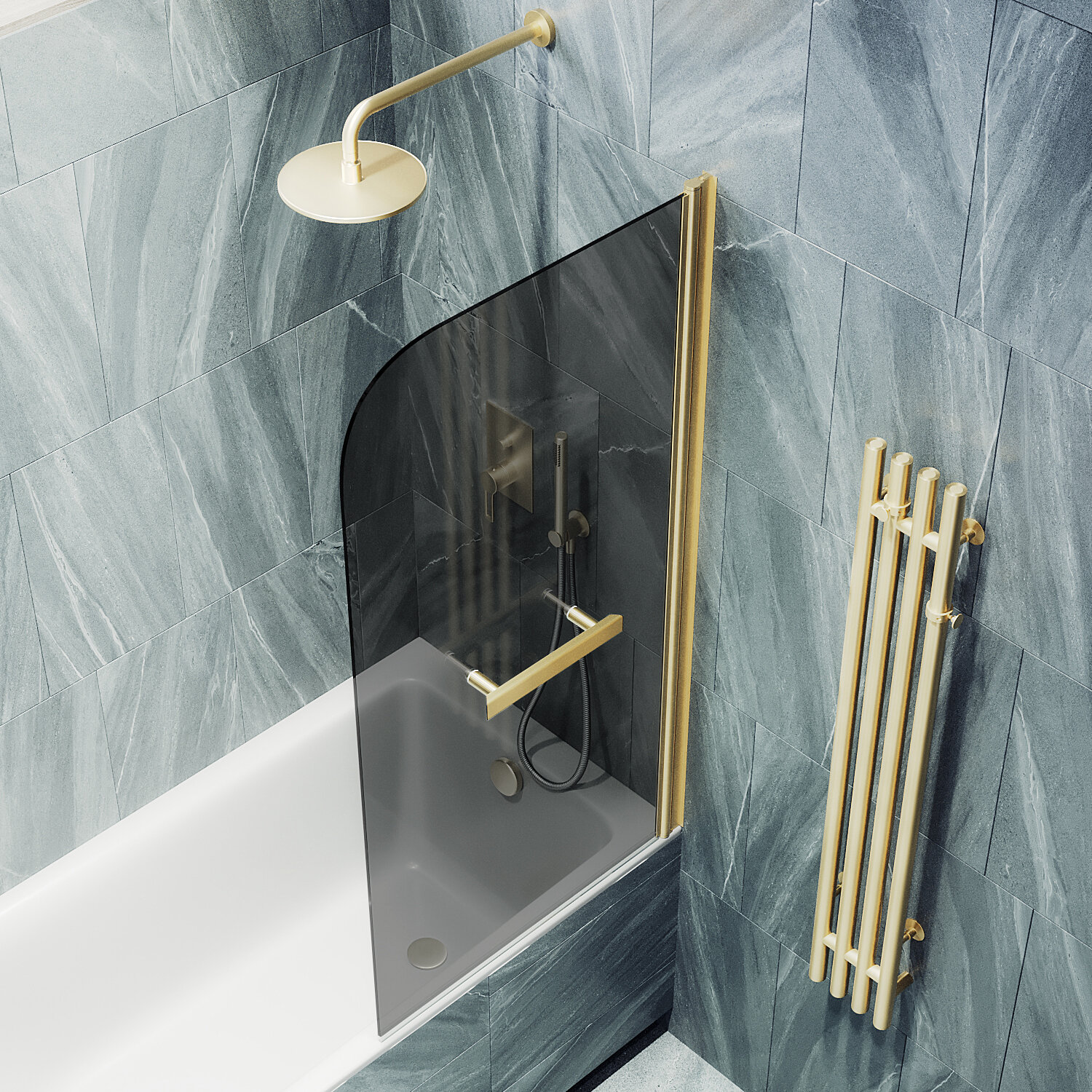 Шторка для ванны MaybahGlass 50х140 MGV-773-3 с полотенцедержателем стекло графит профиль золото 7646₽